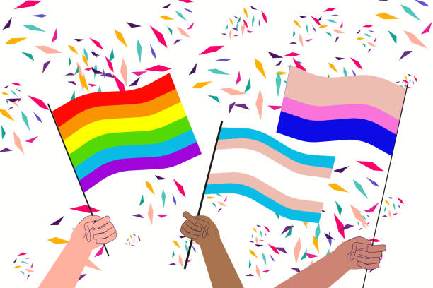 ilustrações de stock, clip art, desenhos animados e ícones de lgbt pride month with hands hold rainbow and transgender flag. symbol of lgbt community. vector illustration for pride month celebration - light waving rainbow vector