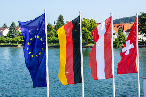 Four flags, Europe, Germany, Austria and Switzerland