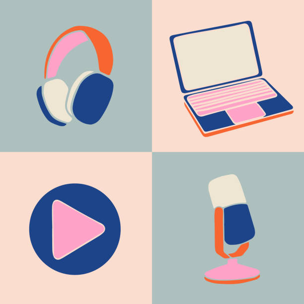 Vector illustration for podcasting banners and templates. Vector illustration for podcasting banners and templates. Equipment collection for blogging, webinar, podcasting and broadcasting, online radio. microphone, laptop, headphones headphones illustrations stock illustrations