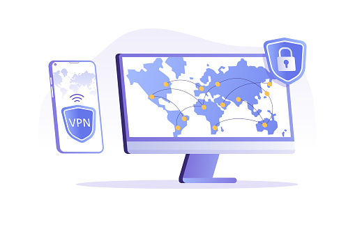 VPN service concept. VPN security software for computers and smartphones. Virtual Private Network. Secure network connection and privacy protection. Isolated modern vector illustration for banner
