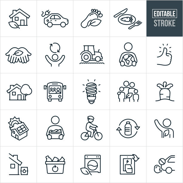 Sustainable Living Thin Line Icons - Editable Stroke A set of sustainable living icons that include editable strokes or outlines using the EPS vector file. The icons include a house with leaf, electric car, carbon footprint, environmental conservation, healthy eating, hands holding leaf, person recycling, tractor in field, person holding the earth, thumbs up, house with tree, bus with passengers, cfl lightbulb, family with leaf, carrot in ground, house with solar panels, person holding basket of vegetables, child riding a bicycle, recycling of a water bottle, environmentalist, water conservation, recycle bin, green appliances, turning off of light switch and a car emitting no emissions. bike hand signals stock illustrations
