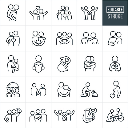 A set of love and relationships icons that include editable strokes or outlines using the EPS vector file. The icons include a parent giving a child a piggy back ride, a couple waving while holding each other, a family of four, a couple holding hands, a couple holding a heart, two people getting married, a couple in love, a mother holding her child, a person holding a heart, hands touching, two people hugging, a person holding a pet dog, a person holding an umbrella for another person, two people holding hands, a partner consoling his saddened partner, a child petting a dog, a pregnant woman, a couple taking a selfie, a long distance relationship using smartphone, a person caring for their elderly parent in a wheelchair and others.