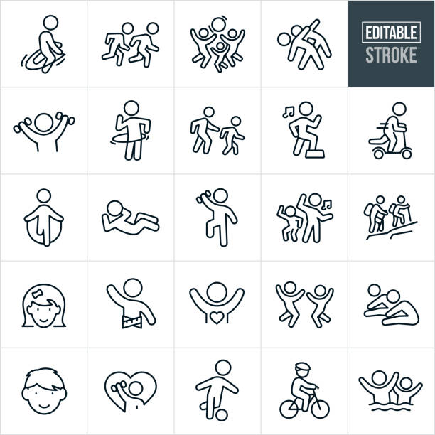 Childhood Fitness Thin Line Icons - Editable Stroke A set of childhood fitness icons that include editable strokes or outlines using the EPS vector file. The icons include lots of children doing fitness acts. They include a child jump roping, children running, a family playing with a ball, two children stretching, a child using dumbbells, child using a toy hoop, parent and child taking a walk, child doing aerobics, child riding a scooter, child doing a sit-up, children dancing to music, parent and child hiking, boy, girl, healthy child, child doing fitness exercises, child playing soccer, child riding bicycle and children swimming to name a few. active lifestyle stock illustrations