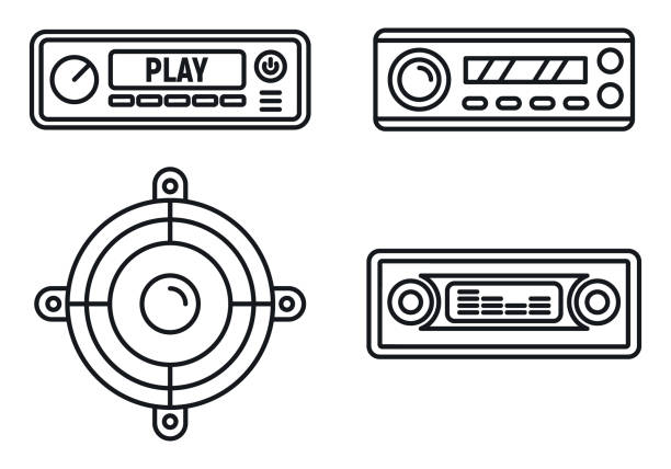 illustrazioni stock, clip art, cartoni animati e icone di tendenza di set di icone degli altoparlanti audio dell'auto, stile del contorno - land vehicle audio