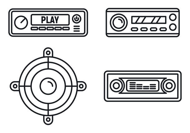 zestaw ikon głośników audio samochodowych, styl konspektu - dvd player computer icon symbol icon set stock illustrations
