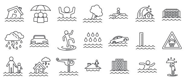 flut kataklysmus-symbole gesetzt, umriss-stil - flood stock-grafiken, -clipart, -cartoons und -symbole