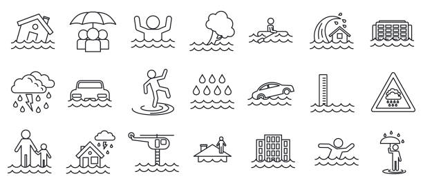 flut kataklysmus-symbole gesetzt, umriss-stil - monsoon stock-grafiken, -clipart, -cartoons und -symbole