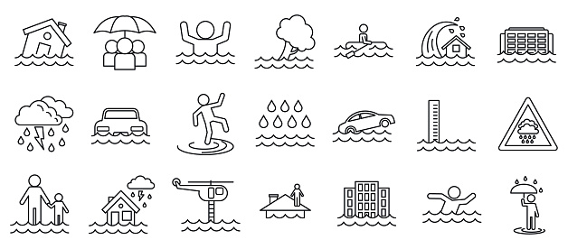 Flood cataclysm icons set. Outline set of flood cataclysm vector icons for web design isolated on white background