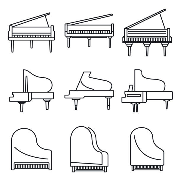 ภาพประกอบสต็อกที่เกี่ยวกับ “คลาสสิกแกรนด์เปียโนไอคอนชุด, สไตล์เค้าร่าง - grand piano”