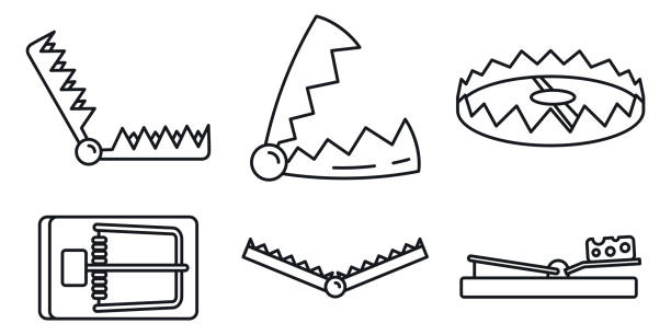 Bear trap icons set, outline style Bear trap icons set. Outline set of bear trap vector icons for web design isolated on white background trap stock illustrations