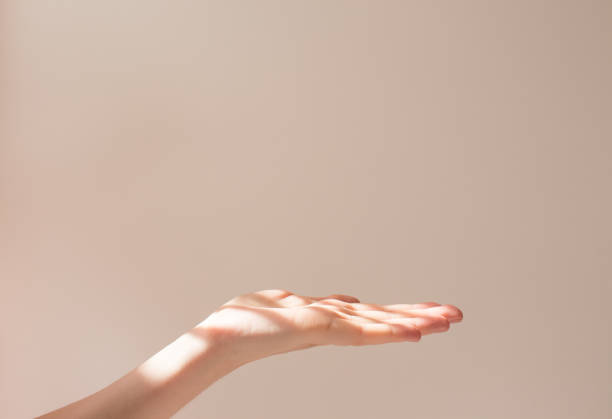 istock Female hand holds copy space and some object on a white background with beautiful shadows. Layout and frame in the sun 1249014108