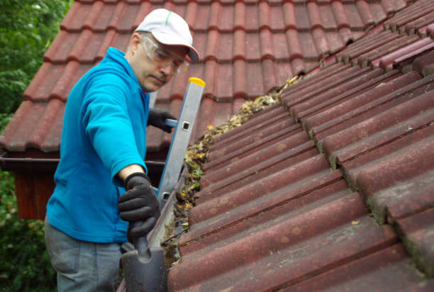 istock Man on ladder cleans gutter on the roof 1249015102
