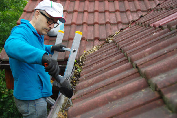 istock Man on ladder cleans gutter on the roof 1249015114