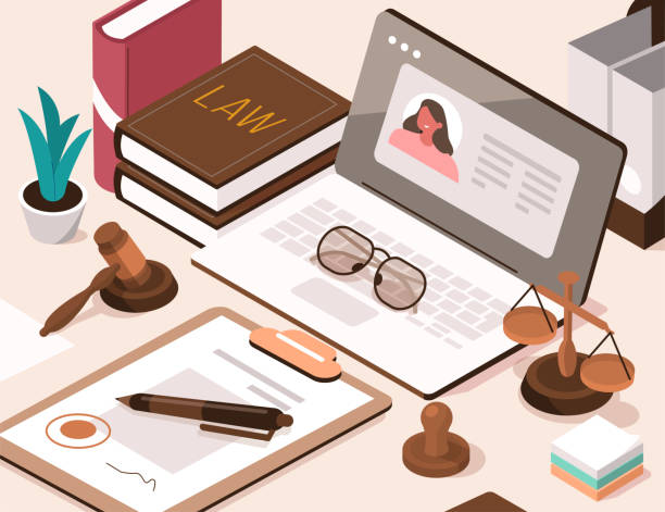 lawyer work desk Lawyer Office Workplace with Laptop, Signed Legal Contract, Judge Gavel, Scales of Justice and Legal Books. Online Legal Advice. Law and Justice Concept. Flat Isometric Vector Illustration. judge law illustrations stock illustrations