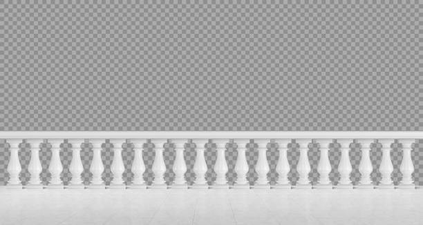 White marble balustrade for balcony or terrace White marble balustrade on balcony, porch or terrace with tiled floor. Stone handrail in classic roman style isolated on transparent background. Vector realistic mockup with baroque railing balustrade stock illustrations