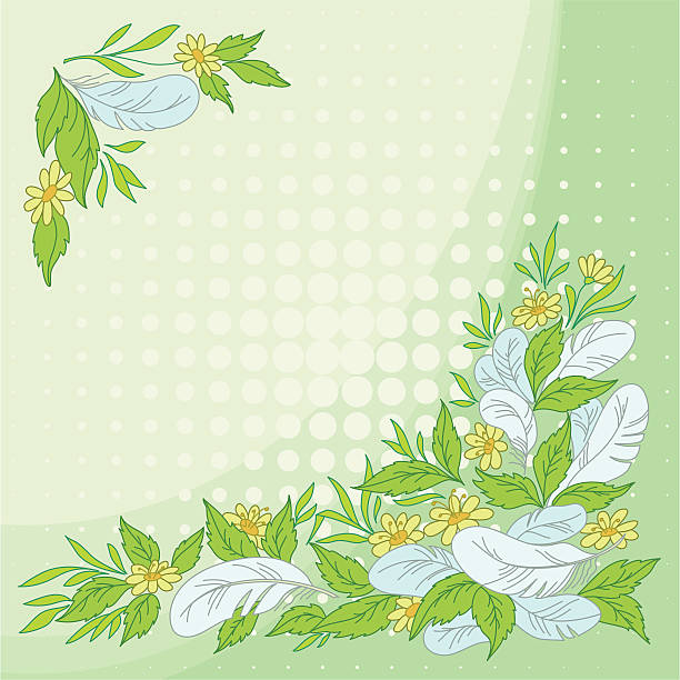 blätter, blumen und federn auf grün - blossom florescence flower wallpaper pattern stock-grafiken, -clipart, -cartoons und -symbole