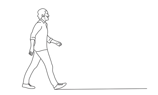 Walking man with beard. Line drawing vector illustration.