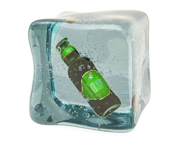 istock Beer bottle frozen in ice cube, 3D rendering isolated on white background 1249019643
