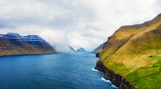 Aerial view of the channel between islands of Bordoy and Kalsoy, Faroe Islands, Denmark