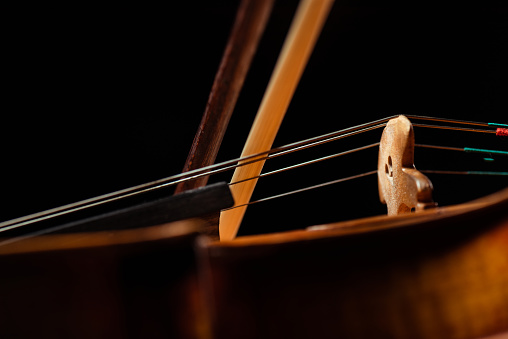 close up of violin and bow isolated on black