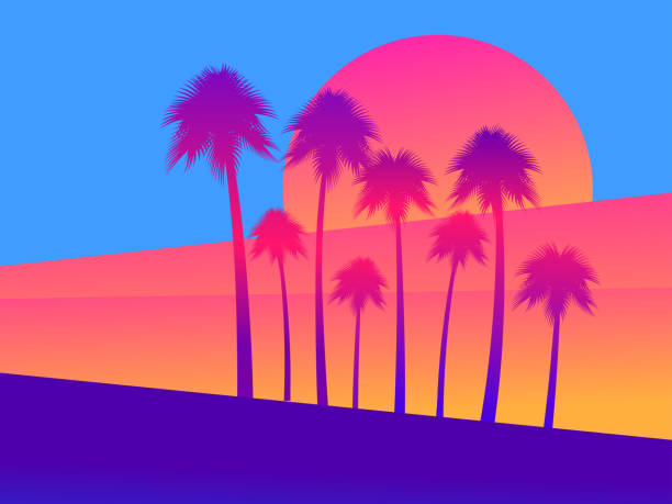 tropische palmen auf einem sonnenuntergang hintergrund, ein gefälle von scharlachrot. vektor-illustration - palm tree tree summer sky stock-grafiken, -clipart, -cartoons und -symbole