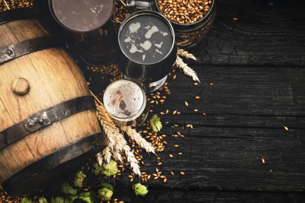 Glass of beer and its ingredients on table