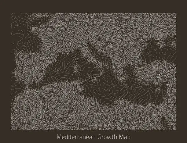 Vector illustration of Vector Mediterranean map. Generative growth structure in form of continent. Organic texture with geographic silhouettes.