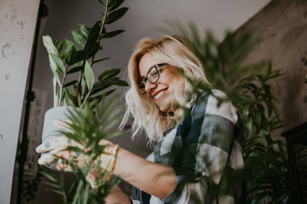 Free time for little house gardening A happy woman enjoys time at her home, She waters one of her plant arrangements with a watering can. potting stock pictures, royalty-free photos & images