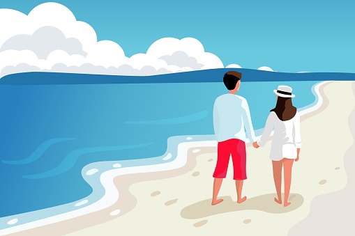 Young couple man and woman walking on the beach hold hands vector illustration. Beach scene on sea vacation resort summer holidays. Maldives