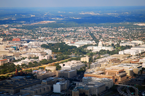 An aerial of Washington DC takes in the US Capitol and the National Mall
