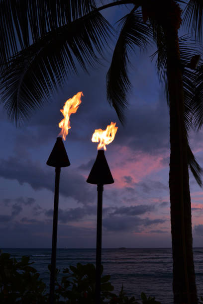 Tiki torches burn on a tropical beach Two tiki torches are ignited at a tourist resort on Waikiki Beach tiki torch stock pictures, royalty-free photos & images