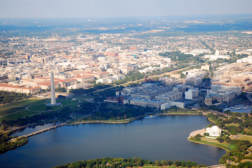 An aerial view takes in the Washington Monument, Jefferson Memorial and the US Capitol