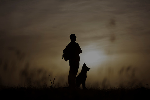 silhouette of man and dog at sunset