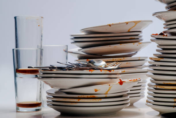 istock White dirty dishes stacked together. 1249074274
