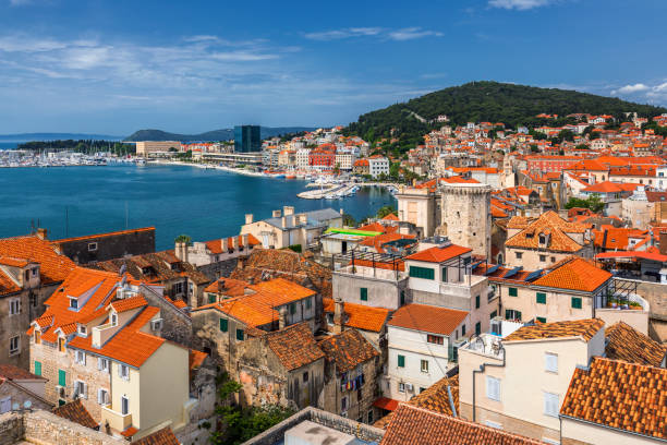 istock Split waterfront and Marjan hill aerial view, Dalmatia, Croatia. Panoramic summer cityscape of old medieval city Split, Croatia, Europe.  Traveling concept background. 1249076655