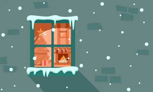 Vector illustration of The Christmas tree and the fireplace pass through the window, with snow falling outside the window. Vector illustration Flat design for poster, banner, card, and background. Nobody with copy space.