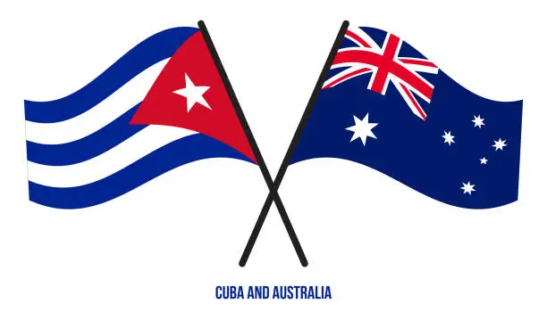 Vector illustration of Cuba and Australia Flags Crossed And Waving Flat Style. Official Proportion. Correct Colors.