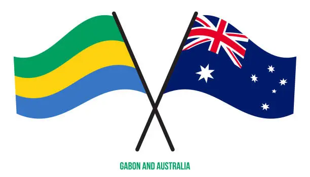 Vector illustration of Gabon and Australia Flags Crossed And Waving Flat Style. Official Proportion. Correct Colors.
