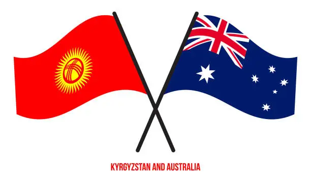 Vector illustration of Kyrgyzstan and Australia Flags Crossed And Waving Flat Style. Official Proportion. Correct Colors.