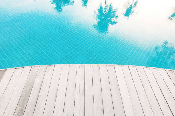 istock Wooden platform beside swimming pool 1249081548