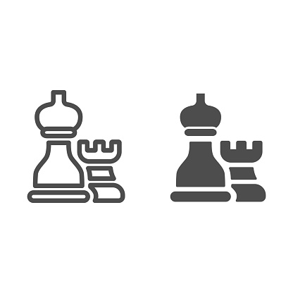 Chess pieces line and solid icon, business strategy concept, strategy and tactics sign on white background, Rook and bishop icon in outline style for mobile concept and web design. Vector graphics