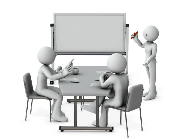 istock Characters discussing in front of the whiteboard. It represents teamwork. White background. 3D illustration. 1249083622