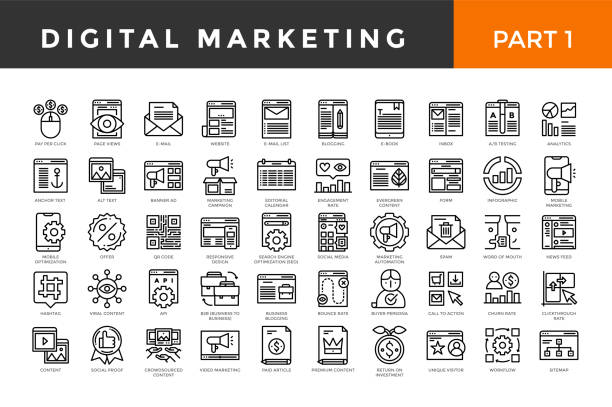 digitale marketing-icons, dünne linie stil, große menge. teil eins. - editorial stock-grafiken, -clipart, -cartoons und -symbole