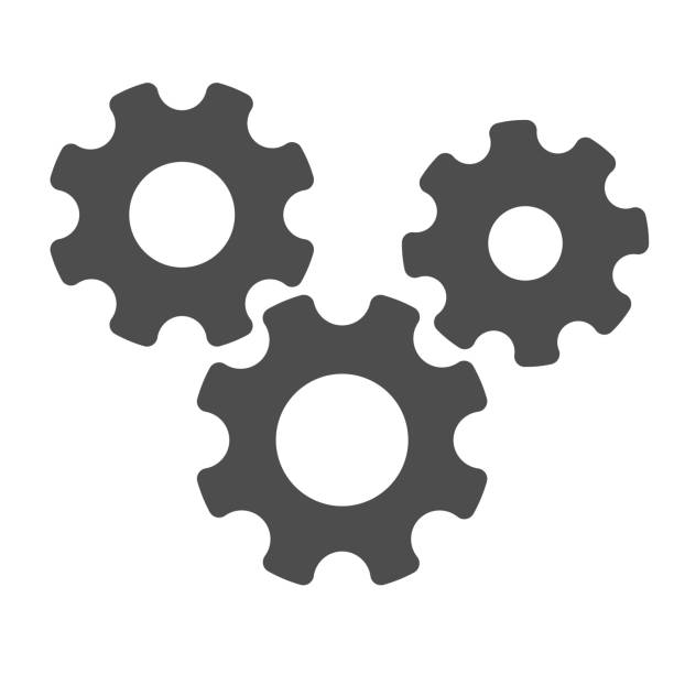 Three gears solid icon, teamwork concept, gear mechanism settings sign on white background, three gearwheels icon in glyph style for mobile concept and web design. Vector graphics. Three gears solid icon, teamwork concept, gear mechanism settings sign on white background, three gearwheels icon in glyph style for mobile concept and web design. Vector graphics gears icon white stock illustrations