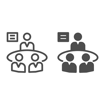 Business meeting line and solid icon, strategy concept, Brainstorming and teamwork sign on white background, Group of people in conference room sitting around table icon in outline. Vector graphics