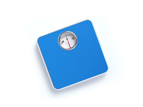 Blue weight scale on white background. Horizontal composition with clipping path and copy space. Directly above.