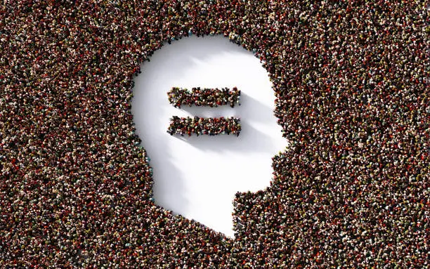 Photo of Human Head and Equal Sign Formed by Human Crowd on White Background