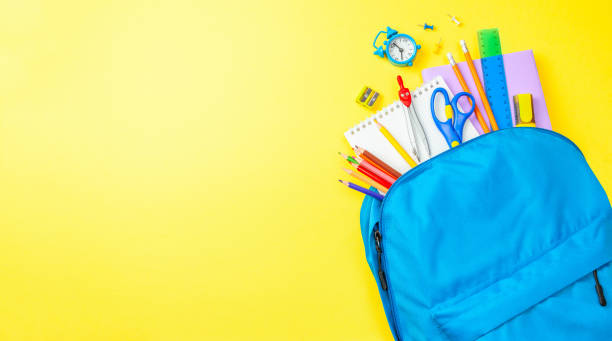 istock Back to school. School bag with supplies for school 1249090921