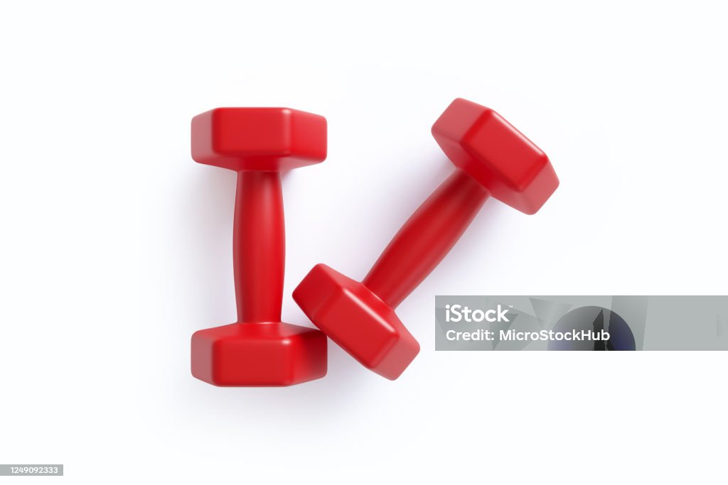 Red Dumbbells on White Background Red dumbbells on white  background. Horizontal composition with clipping path and copy space. Directly above. Dumbbell Stock Photo