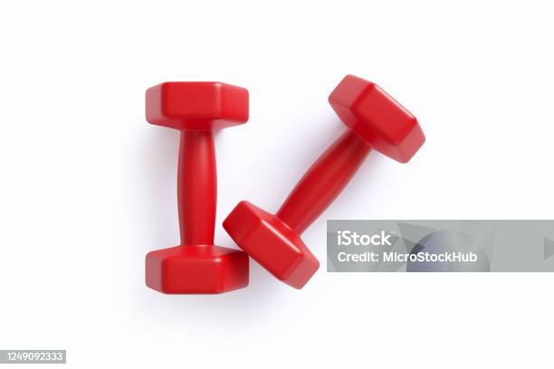 Red Dumbbells On White Background Stock Photo - Download Image Now - Dumbbell, Mass - Unit of Measurement, Weights